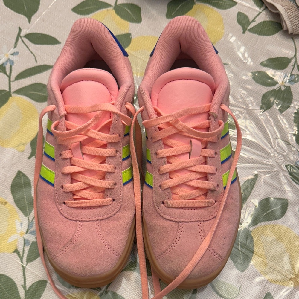 adidas Kids Pink Suede Sneakers with Neon Green & Blue Stripes